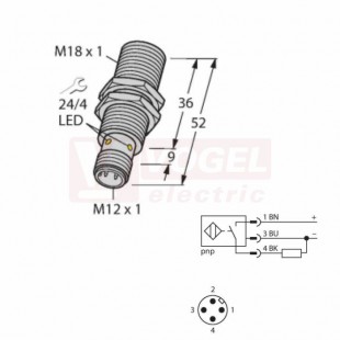 BI5-M18-AP6X-H1141 snímač indukční, konektor M18, mosaz, PNP/NO, stíněný, Sn=5mm, konektor M12/4pin, 10-30VDC, délka těla 52mm, IP67