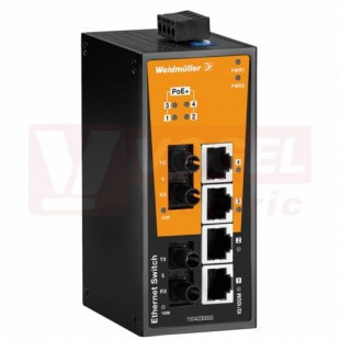 IE-SW-BL06-4POE-2ST ethernetový Switch BasicLine, neřízený PoE+, 4xRJ45 10/100MBit/s PoE+, 2xST optický port 10/100MBit/s, 24-57VDC, IP30, š 50mm, 0°C..+60°C (1504230000)