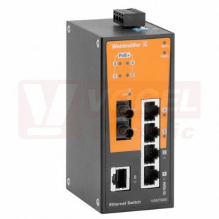 IE-SW-BL06-1TX-4POE-1ST ethernetový Switch BasicLine, neřízený PoE+, 1+4xRJ45 10/100MBit/s PoE+, 1xST optický port 10/100MBit/s, 24-57VDC, IP30, š 50mm, 0°C..+60°C  (1504270000)