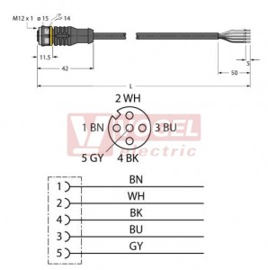 RKC4.5T-5/TEL konektor M12/5-pin/zás/přímý -  kabel ČE PVC L= 5m - volný konec