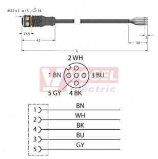 RKC4.5T-2/TXL konektor M12/5-pin/zás/přímý -  kabel ČE PUR L= 2m - volný konec