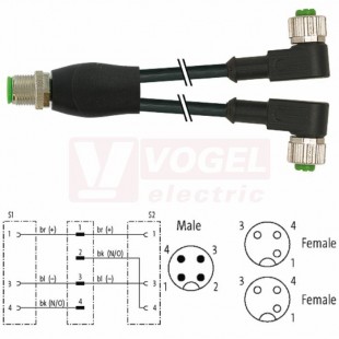 7000-40741-6130040 rozbočovací Y konektor M12/4-pin/vidl/přímý - kabel ČE PVC 3x0,34mm2 L=0,4m - 2x konektor M12/3-pin/zás/úhlový