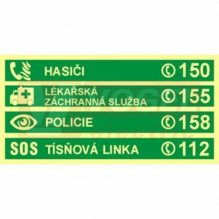 Tabulka fotoluminiscenční "Důležitá telefonní čísla - tísňové volání" (zelený podklad), symbol s textem a tel.číslem, 30x15cm (FLZ68)