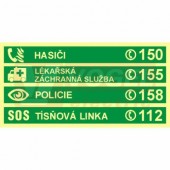 Tabulka fotoluminiscenční "Důležitá telefonní čísla - tísňové volání" (zelený podklad), symbol s textem a tel.číslem, 30x15cm (FLZ68)