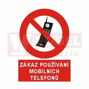 Samolepka zákazová "Zákaz používání mobilních telefonů" (bílý tisk, červený podklad), symbol s textem (5999H) A5