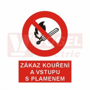 Samolepka zákazová "Zákaz kouření a vstupu s plamenem" (černý tisk, červený podklad), symbol s textem (4201A) A6