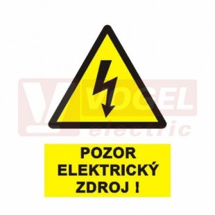 Samolepka výstrahy "Pozor elekrický zdroj !" (černý tisk, žlutý podklad), symbol s textem (0120E) A6