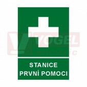 Tabulka  informační "Stanice první pomoci" (bílý tisk, zelený podklad), symbol s textem (7701) A4