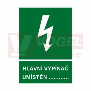 Tabulka  informační "Hlavní vypínač umístěn…" (bílý tisk, zelený podklad), symbol s textem (6134) A4