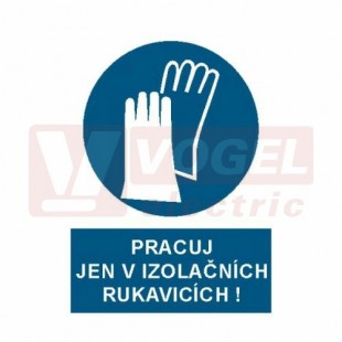 Samolepka příkazová "Pracuj jen v izolačních rukavicích!" (bílý tisk, modrý podklad), symbol s textem (2603) A6