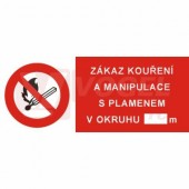 Samolepka zákazová "Zákaz kouření a manipulace s plamenem v okruhu…m" (bílý tisk, červený podklad), symbol s textem, 25x10,5cm (4206B)