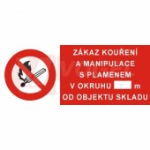 Samolepka zákazová "Zákaz kouření a manipulace s plamenem v okruhu…m od objektu skladu" (bílý tisk, červený podklad), symbol s textem, 25x10,5cm (4206A)