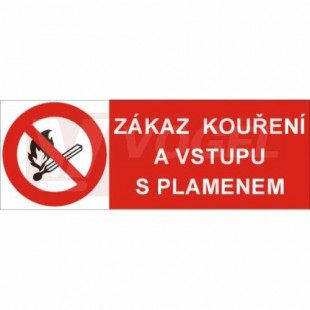 Samolepka zákazová "Zákaz kouření a vstupu s plamenem" (černý tisk, červený podklad), symbol s textem 25x10,5cm (4201A)