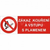 Samolepka zákazová "Zákaz kouření a vstupu s plamenem" (černý tisk, červený podklad), symbol s textem 25x10,5cm (4201A)