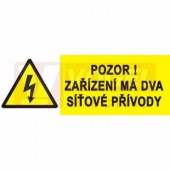 Samolepka výstrahy "Pozor! Zařízení má dva síťové přívody" (černý tisk, žlutý podklad), symbol s textem 9x3,2cm (0199E)