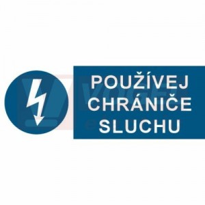 Samolepka příkazová "Používej chrániče sluchu!" (bílý tisk, modrý podklad), symbol s textem 21x7,4cm (2503)