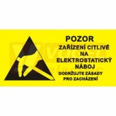 Samolepka výstrahy "Pozor zařízení citlivé na elektrostatický náboj. Dodržuj zásady pro zacházení." (černý tisk, žlutý podklad), symbol s textem 8x4cm (01870)