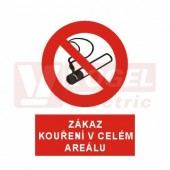 Samolepka zákazová "Zákaz kouření v celém areálu" (bílý tisk, červený podklad), symbol s textem (4203A) A4