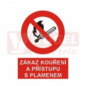 Samolepka zákazová "Zákaz kouření a přístupu s plamenem" (černý tisk, červený podklad), symbol s textem (4201B) A6