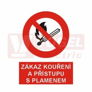 Samolepka zákazová "Zákaz kouření a přístupu s plamenem" (černý tisk, červený podklad), symbol s textem (4201B) A5