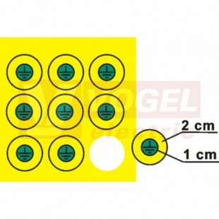 Samolepka bezpečnostní "Znak uzemnění v kruhu" (žluté mezikruží průměr 2cm, v něm zelený kruh o průměru 1cm se znakem uzemnění) (1arch=90ks), (DT012a)