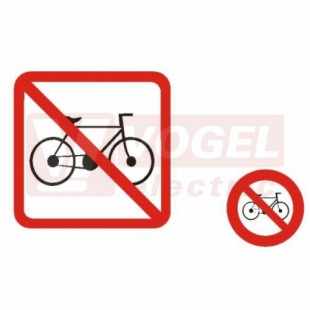 Samolepka bezpečnostní "Zákaz vjezdu na kole" (červený čtverec, bílý podklad) 10x10cm, (též i červený kruh, bílý podklad), symbol (DT028F)