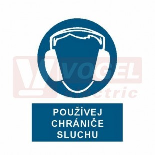 Tabulka příkazová "Používej chrániče sluchu!" (bílý tisk, modrý podklad), symbol s textem (2503) A4