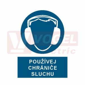 Samolepka příkazová "Používej chrániče sluchu!" (bílý tisk, modrý podklad), symbol s textem (2503) A4