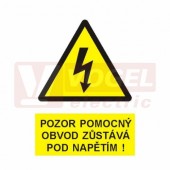 Samolepka výstrahy "Pozor pomocný obvod zůstává pod napětím !" (černý tisk, žlutý podklad), symbol s textem (0125) A5