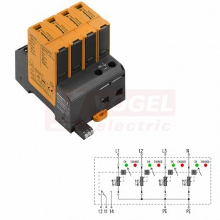 VPU AC I 4 R 480/10 přepěťová ochrana typ 1+2 (L1-L2-L3-N/PE), I imp 10kA (10/350µs), 20kA/50kA (8/20μs), Uc 480V, s dálk.signalizací (2591560000)