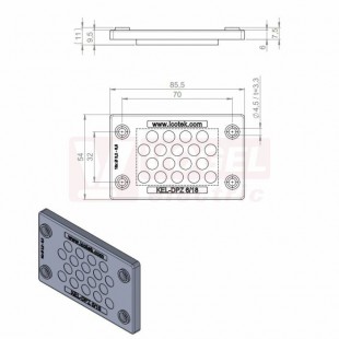 KEL-DPZ 6/18 membránová průchodka, šedá RAL7035, dx85,5mm, šx54mm, vx7,5mm, montážní výška 7,5mm, vel.výřezu 52x36mm, 4 šrouby, pr.otvorů pro šrouby 4,5mm, rozsah upínání 7x 4,5-8mm, 5x 3,2-6,5mm, 6x 2,5-5mm (43812)