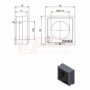 QT-AT-M 25x1,5 průchodková vložka s vnitřním závitem, velká, PA/elastomer, IP54, rozměr 40x39x19mm (42599)