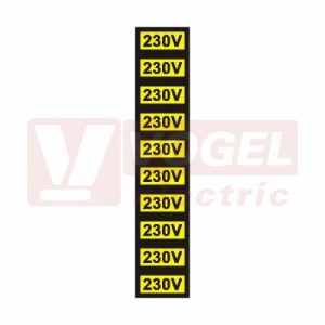 Samolepka výstrahy "230V" text (černý tisk, žlutý podklad), (0181C) 1,5x3cm  (1arch=10ks)
