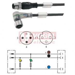 SAIL-M12G-M12W-3-10U konektor M12/3-pin/vidl/přímý - kabel ČE PUR do vlečného řetězu 3x0,34mm2 L=10m - konektor M12/3-pin/zás/úhlový/2xLED(9457791000)