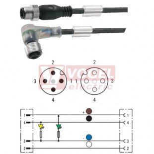 SAIL-M12GM12W-4-2L10V konektor M12/4-pin/vidl/přímý - kabel ČE PVC 4x0,34mm2 L=10m - konektor M12/4-pin/zás/úhlový/2xLED (1925421000)