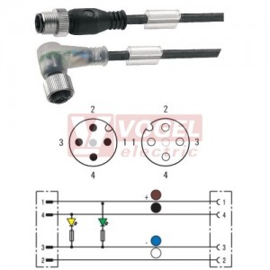 SAIL-M12GM12W-4-2L10V konektor M12/4-pin/vidl/přímý - kabel ČE PVC 4x0,34mm2 L=10m - konektor M12/4-pin/zás/úhlový/2xLED (1925421000)