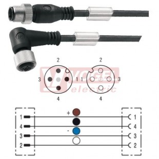 SAIL-M12GM12W-4-3.0V konektor M12/4-pin/vidl/přímý - kabel ČE PVC 4x0,34mm2 L=3m - konektor M12/4-pin/zás/úhlový (1925350300)