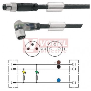 SAIL-M8GM8W-3L10U konektor M8/3-pin/vidl/přímý - kabel ČE PUR do vlečného řetězu 3x0,25mm2 L=10m - konektor M8/3-pin/zás/úhlový/2xLED (1877251000)