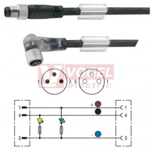 SAIL-M8GM8W-3L5.0U konektor M8/3-pin/vidl/přímý - kabel ČE PUR do vlečného řetězu 3x0,25mm2 L=5m - konektor M8/3-pin/zás/úhlový/2xLED (1877250500)