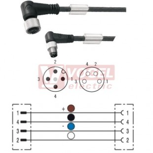 SAIL-M12WM8W-4-5.0U konektor M8/4-pin/vidl/úhlový - kabel ČE PUR do vlečného řetězu 4x0,34mm2 L=5m - konektor M12/4-pin/zás/úhlový (1906340500)