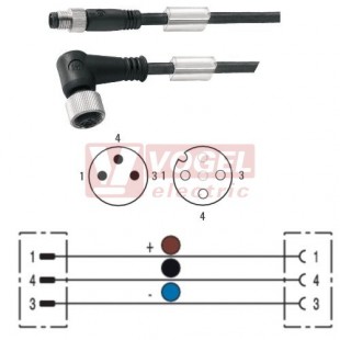 SAIL-M8GM12W-3-10V konektor M8/3-pin/vidl/přímý - kabel ČE PVC 3x0,25mm2 L=10m - konektor M12/3-pin/zás/úhlový (1938241000)