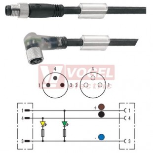 SAIL-M8GM8W-3L5.0V konektor M8/3-pin/vidl/přímý - kabel ČE PVC 3x0,25mm2 L=5m - konektor M8/3-pin/zás/úhlový/2xLED (1927190500)