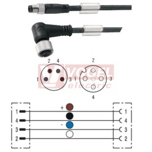 SAIL-M8GM12W-4-5.0V konektor M8/4-pin/vidl/přímý - kabel ČE PVC 4x0,25mm2 L=5m - konektor M12/4-pin/zás/úhlový (1938270500)