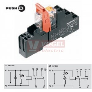 RCIKITP  24VAC 2CO LD/PB paticové relé, 2 přepínací kontakty, 8A/250V AgNi, LED indikace červená, test. tlač. ANO, ochraná dioda NE, patice pružinová PUSH-IN, š=15,8mm (8897240000)