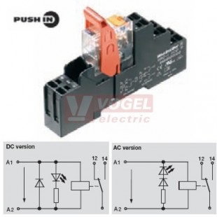 RCIKITP115VAC 1CO LD/PB paticové relé, 1 přepínací kontakt, 16A/250V AgNi, LED indikace červená, test. tlač. ANO, ochraná dioda NE, patice pružinová PUSH-IN, š=15,8mm (8897210000)