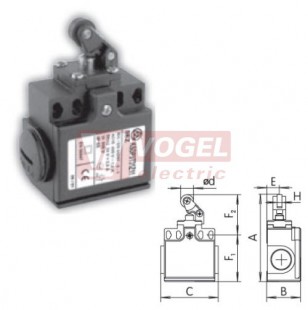 KSDP3T31W02 Koncový spínač s pákou, s kladkou a kovovým čepem 12,5mm, 2V, bez mžikové funkce, kabel.vstup 2xPG11, 85x33x57mm, IP65