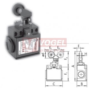 KSDP3T38Z02 Koncový spínač s plast.pákou a kladkou s kov.čepem 22mm, 2V, s mžikovou funkcí, kabel.vstup 2xPG11, 97x33x57mm, IP65