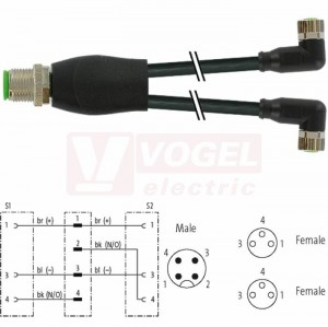 7000-40841-6300030 rozbočovací Y konektor M12/4-pin/vidl/přímý - kabel ČE PUR 3x0,25mm2 L=0,3m - 2x konektor M8/3-pin/zás/úhlový