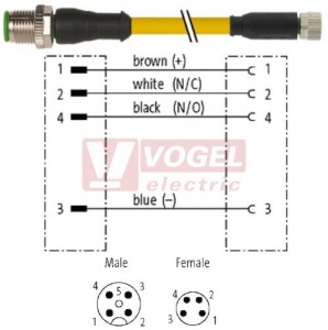 7000-40581-0310100 konektor M12/4-pin/vidl/přímý - kabel ŽL PUR do vlečného řetězu 4x0,25mm2 L=1,0m - konektor M8/4-pin/zás/přímý