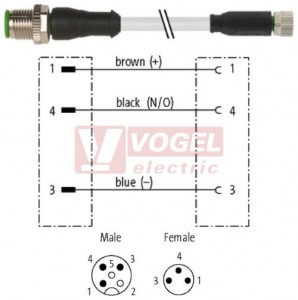 7000-40561-2300100 konektor M12/3-pin/vidl/přímý - kabel ŠE PUR do vlečného řetězu 3x0,25mm2 L=1,0m - konektor M8/3-pin/zás/přímý